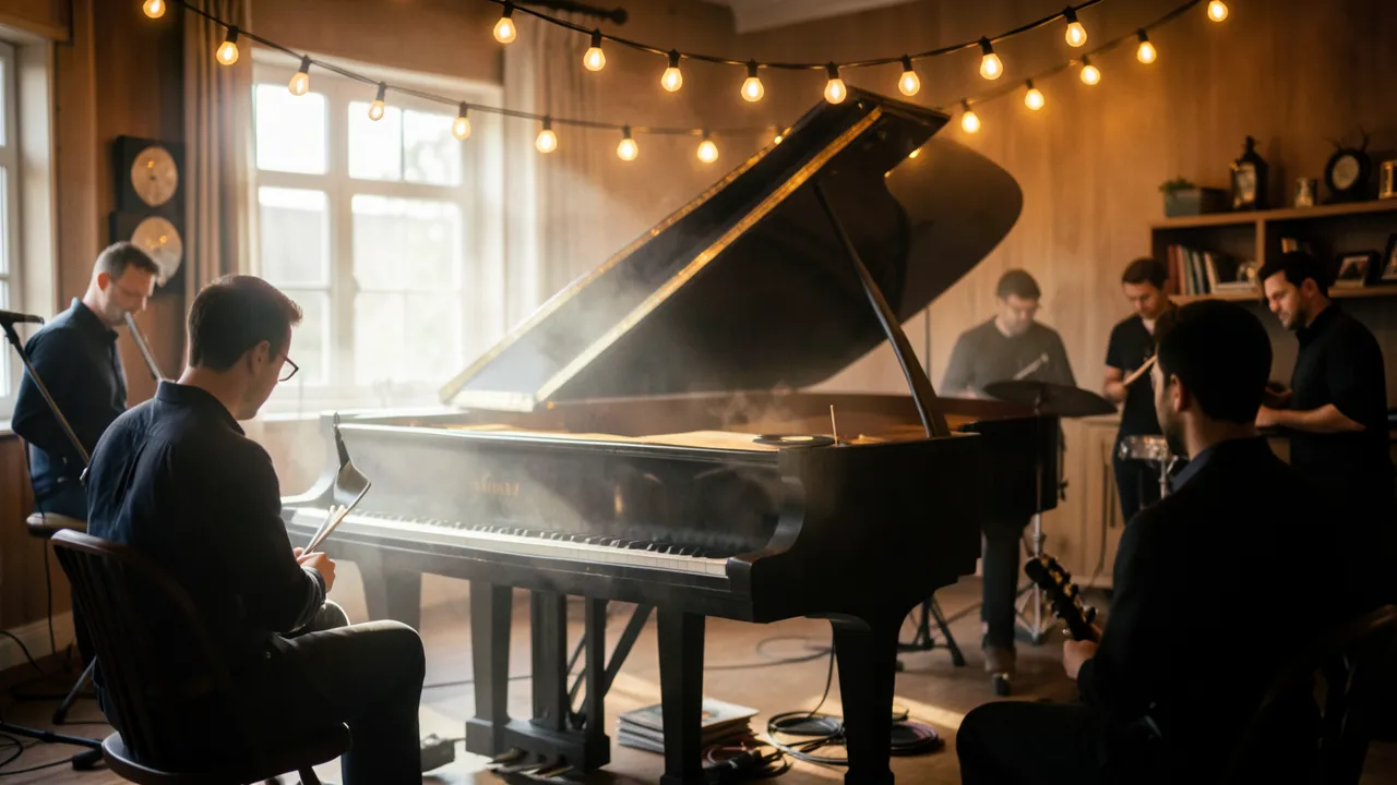 Ein Wohnzimmer mit Klavier, warmen Lichterketten und Vinyl-Schallplatten, leichte Lichtnebel über den Tasten und angedeutete Musiker-Silhouetten; die Aufnahme wirkt scharf mit geringer Tiefenschärfe und natürlichem Licht.